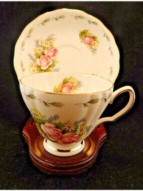 Royal Vale Ridgeway Potteries Pink Roses Tea Cup Saucer Floral Gold Trim